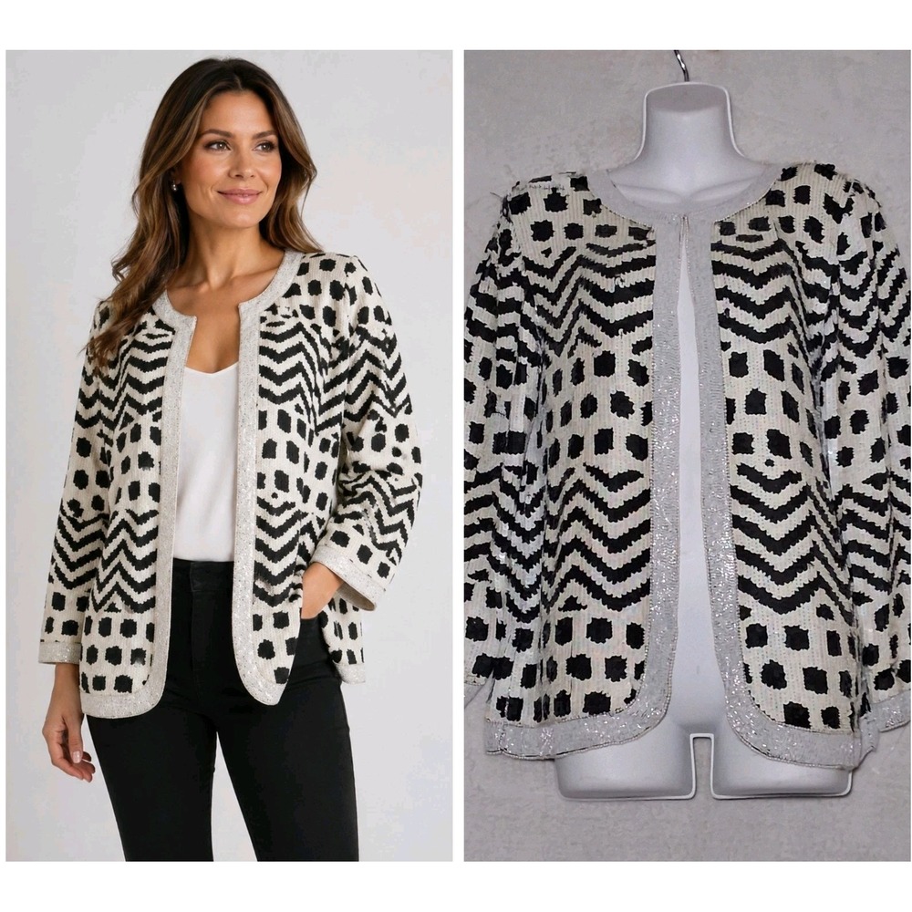Baluchi Pure Silk Womens Open Front Blazer All Over Sequins Chevron Cocktail - M